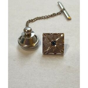 Simmons Sterling Tie‎ Tack Vintage Square Textured Design with Blue Stone